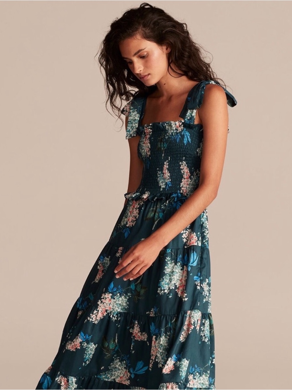 Rebecca Taylor Hydrangea Floral Smocked Tie Shoulder Midi Dress Large Cotton